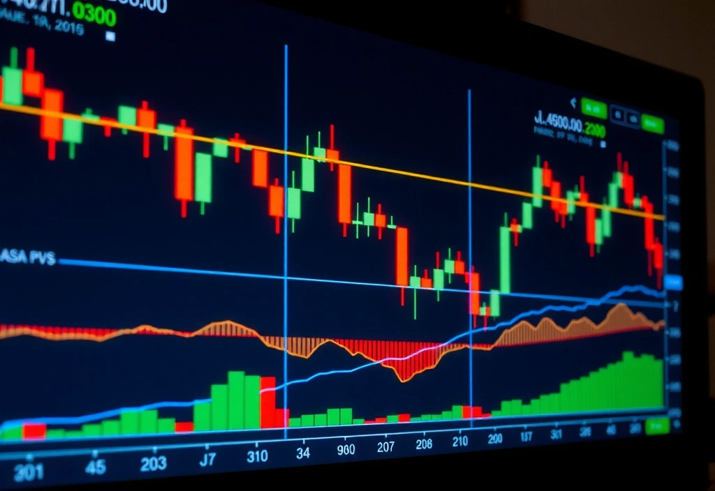 Gráficos de trading con velas rojas y verdes estilo neón sobre fondo oscuro